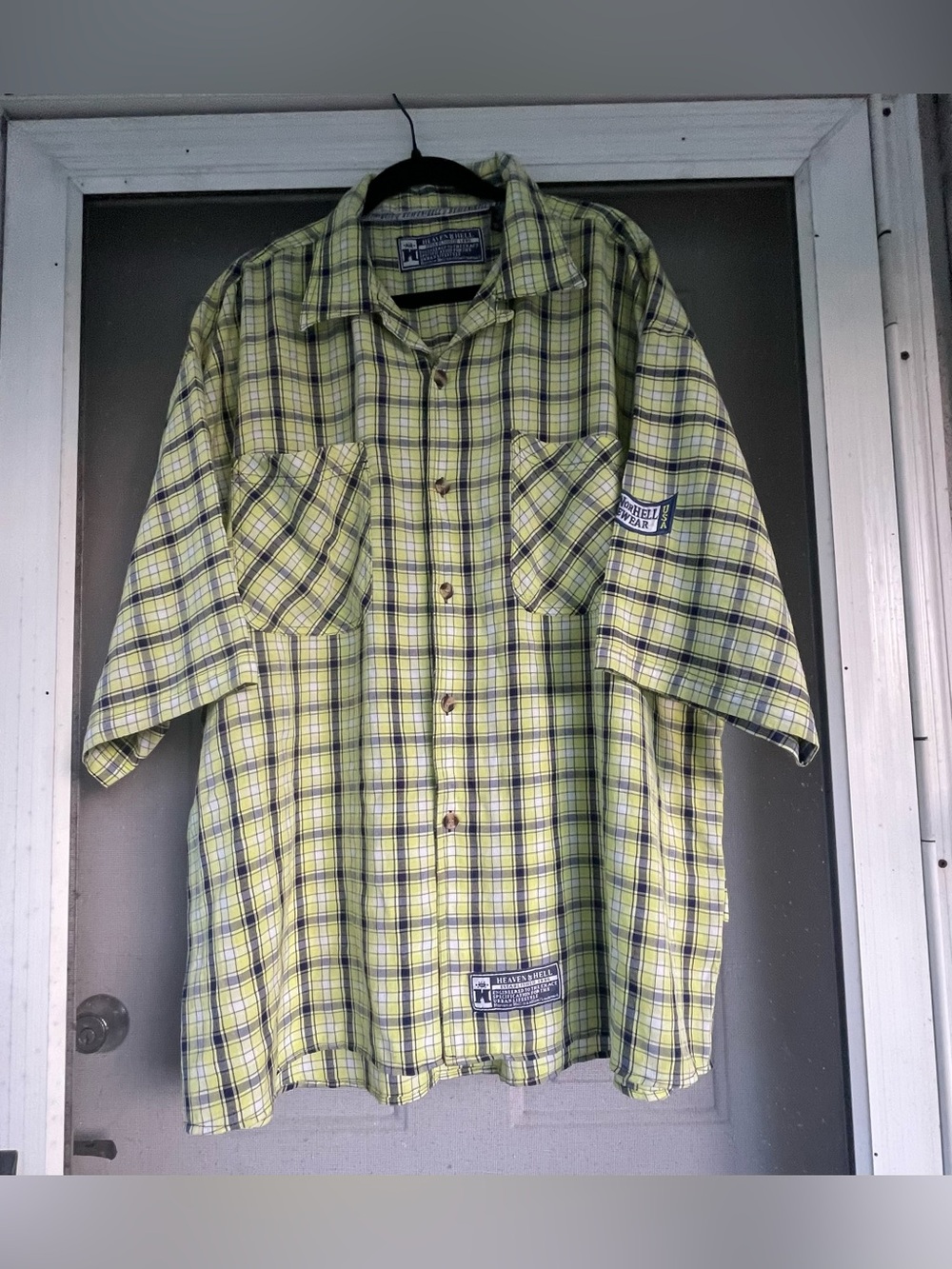 “Heaven or Hell” Men's Green/Yellow Plaid Short-Sleeve Button-Up Shirt 2XL